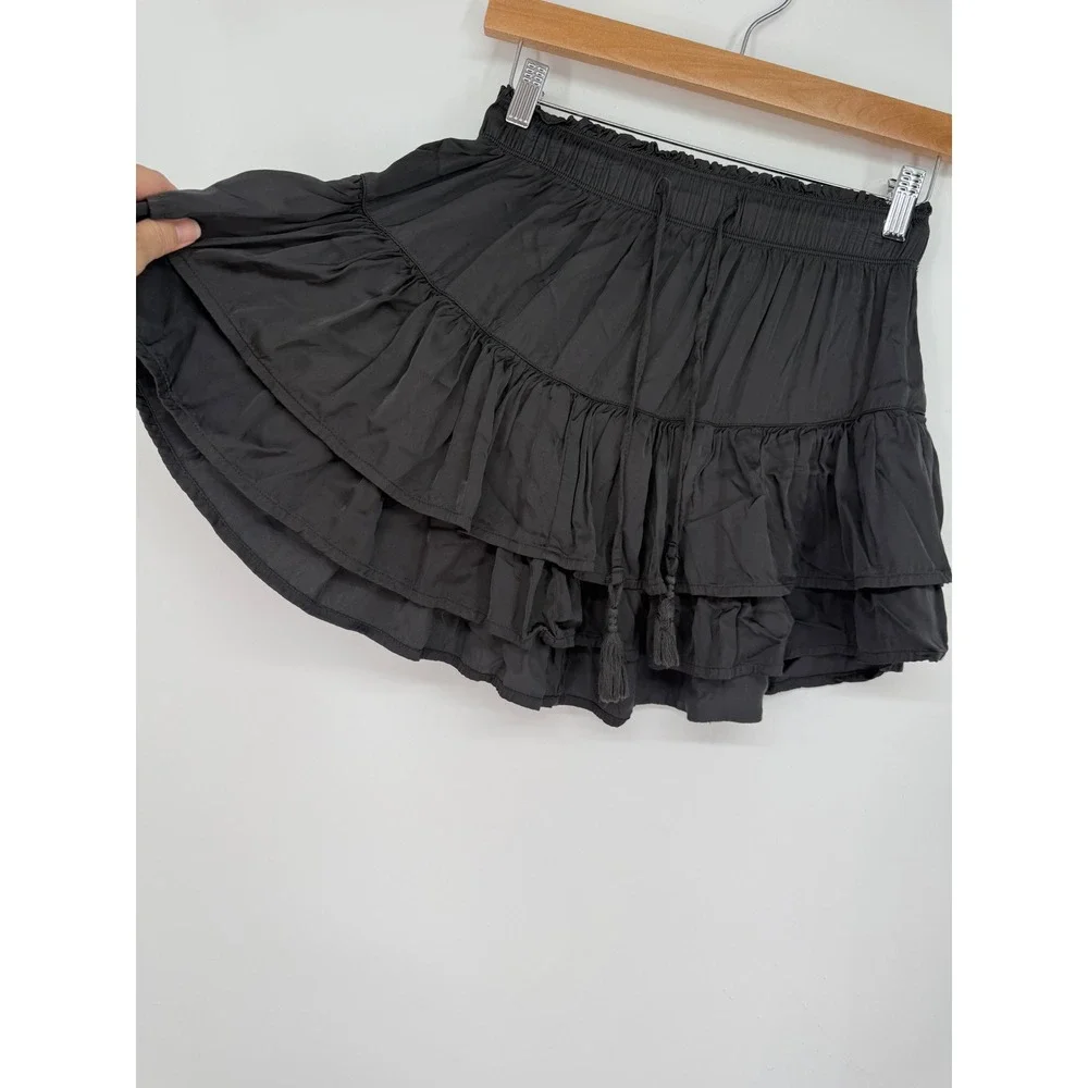 Aerie Womens Charcoal Grey Tiered Ruffle‎ Mini Skirt Silky Viscose Smocked XS